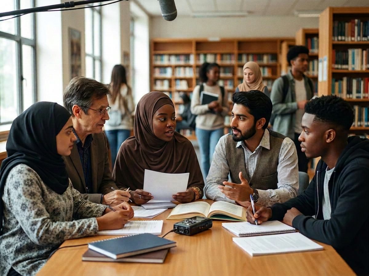 Two young Bengali and Pakistani Muslim students in conversation with a mentor