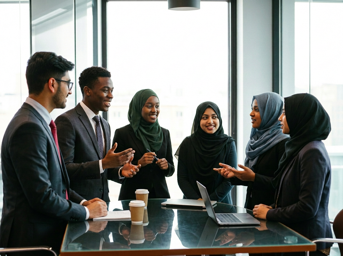 Young Pakistani and Bengali Muslim men and women in business attire meeting with professionals in an office