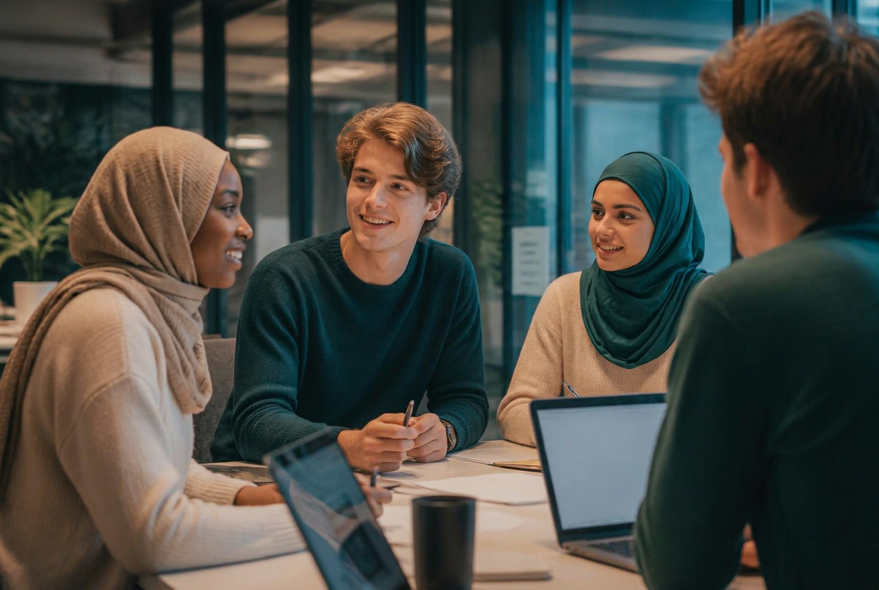 Diverse group of Black, Asian and Muslim young men and women collaborating with employer mentors on a professional brief