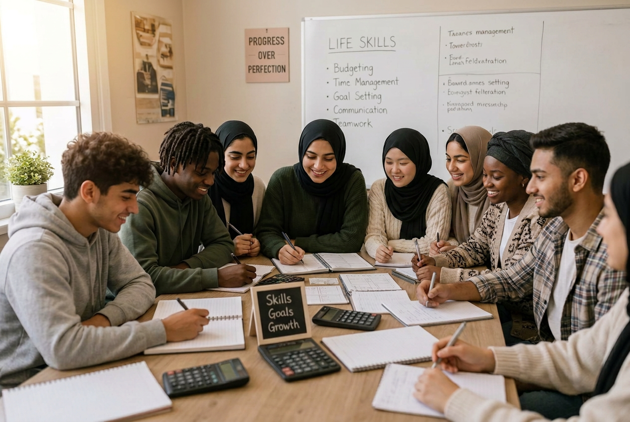 Diverse group of Black, Asian and Muslim young men and women learning practical planning and financial skills together