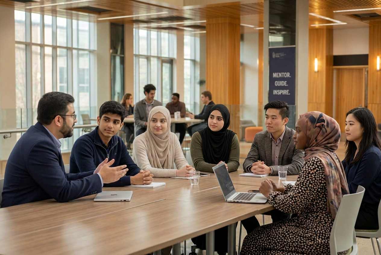 Diverse group of Black, Asian and Muslim young men and women discussing career goals with a professional mentor