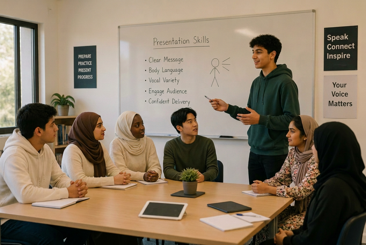Diverse group of Black, Asian and Muslim young men and women developing presentation and communication skills