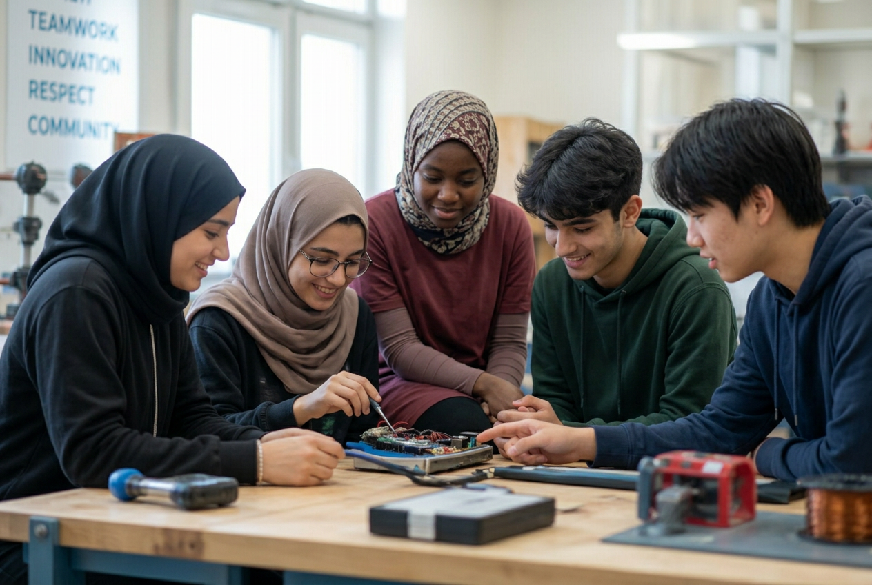Diverse group of Black, Asian and Muslim young men and women collaborating on a hands-on practical project
