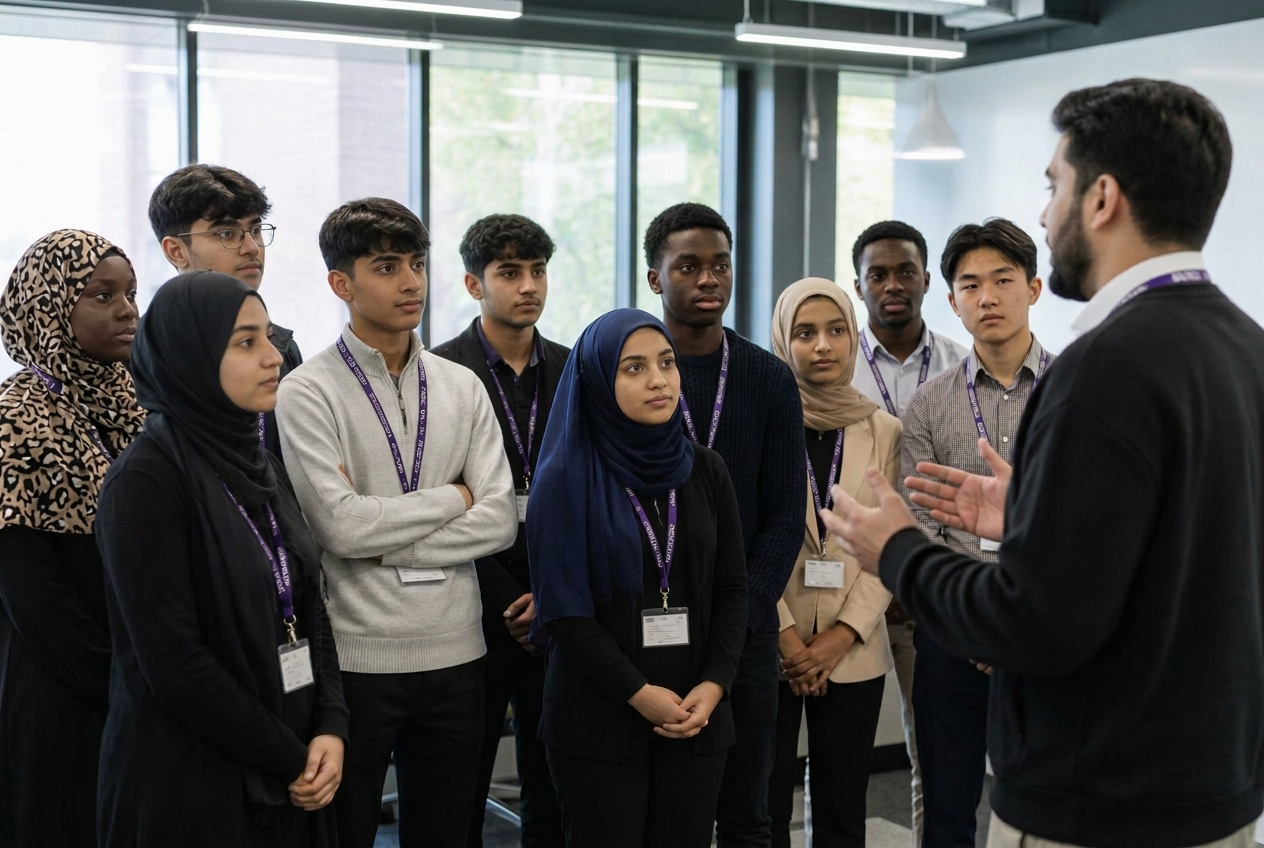 Diverse group of Black, Asian and Muslim young men and women meeting an industry professional during a workplace visit