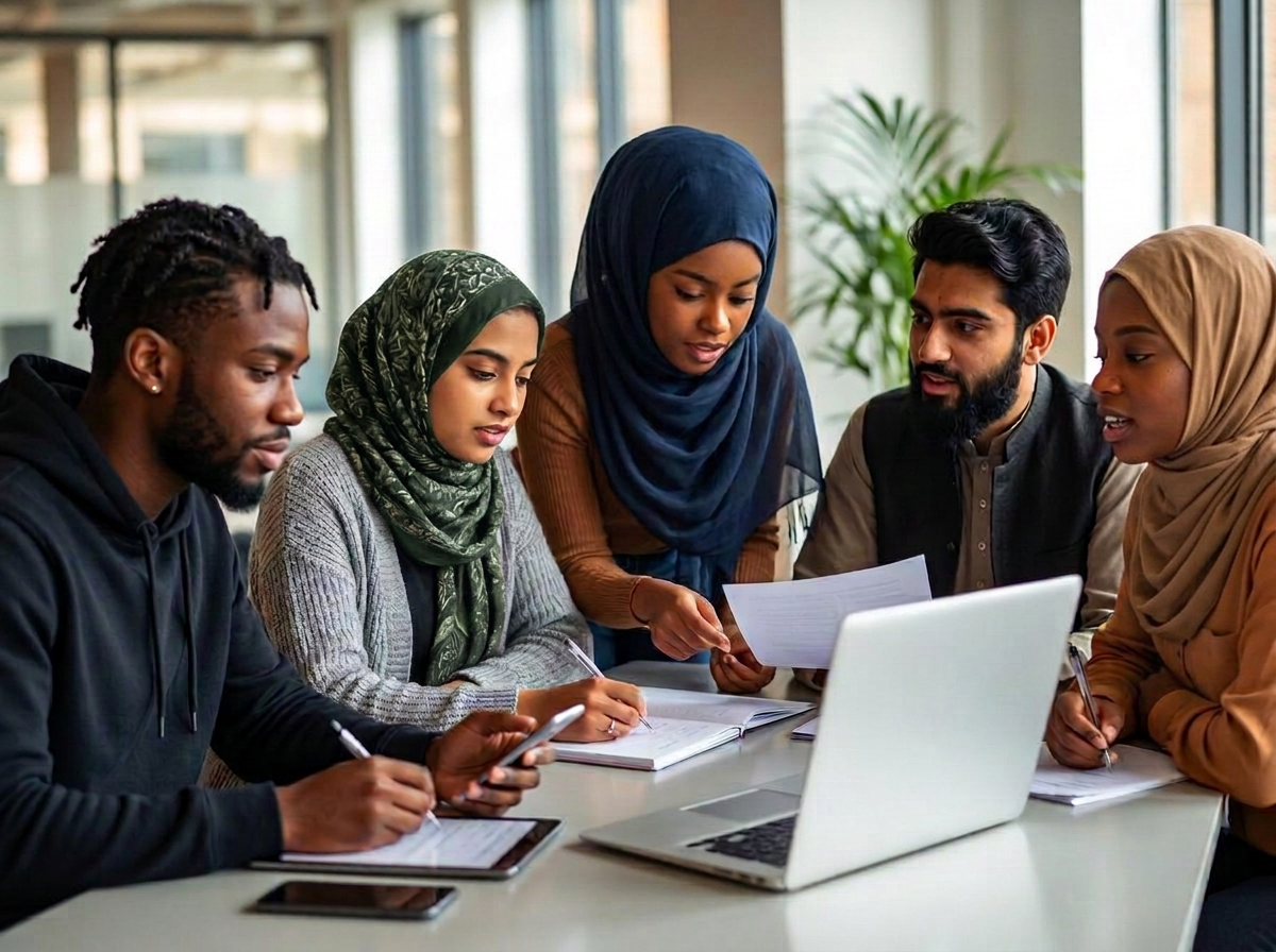 Young Pakistani and Bengali Muslim students working together on laptops and notes